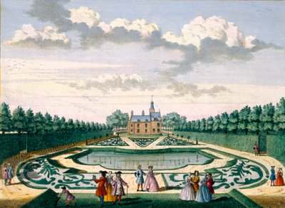 Vue de la maison Adrichem avec le jardin et le grand étang, de Het Zeganpralent Kennemerlant par Hendrick de Leth et Matthias Brouerius Van Nidek, publié vers 1700-1730 - Dutch School