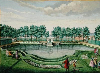 Vue du parc aux cerfs sur le grand lac et le pavillon, de 