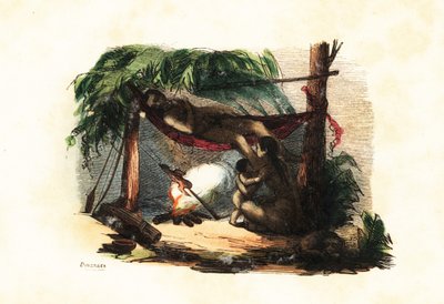 Famille nomade Puri se reposant dans une hutte faite de feuilles et de branches, homme allongé dans un hamac, femme rôtissant de la viande sur un feu - Duverger Duverger