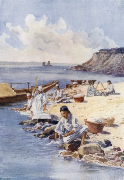 Femmes coréennes lavant des vêtements dans une rivière - E.H. Fitchew