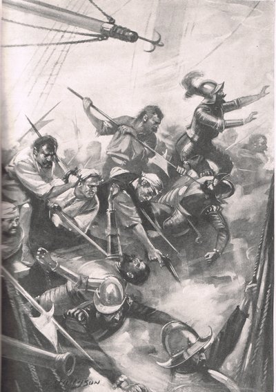 Les Anglais repoussant les Espagnols à San Juan de Ulua, illustration de 