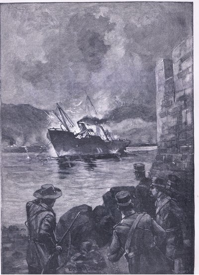 La guerre hispano-américaine : Le naufrage du Merrimac, illustration de l