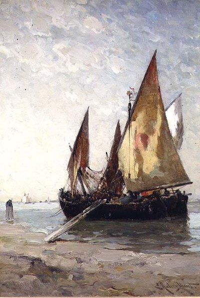 Bateaux de pêche amarrés sur la plage - E. Aubrey Hunt