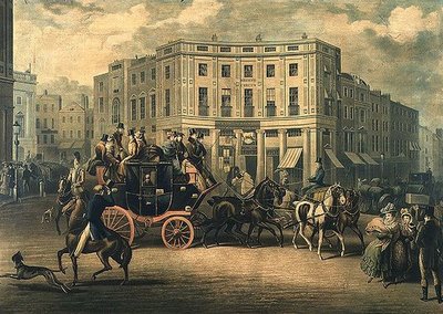 "The Age" Brighton Coach au Bull and Mouth, Regent Circus (gravure) - E. F. Lambert