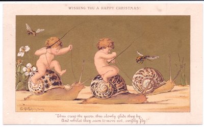 Carte de Noël victorienne de deux bébés nus chevauchant des escargots escortés par des guêpes sur fond doré - E. Gertrude Thompson