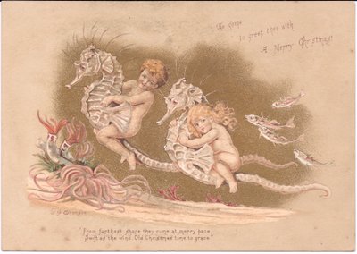 Carte de Noël victorienne de deux bébés aquatiques chevauchant un hippocampe avec des anémones de mer et un banc de poissons - E. Gertrude Thompson