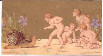 Carte de vœux victorienne de quatre fées nues taquinant un escargot sur fond doré - E. Gertrude Thompson