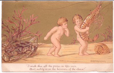 Carte de vœux victorienne de deux bébés aquatiques près d