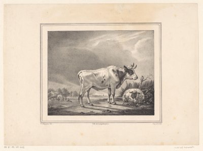 Vache debout et mouton couché dans un paysage - E. L. Huygens (possibly)
