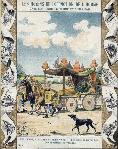 Chars au Moyen Âge - Une châtelaine en voyage - illustration par E Letellier - Cahier historique protégé, fin XIXe siècle - E. Letellier