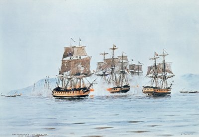 Le commodore Macdonough dans le Saratoga défait les Britanniques, bataille du lac Champlain - E. Tufnell