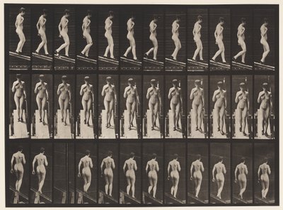Planche 119. Descendre une pente, main droite sur la poitrine (chaussures) - Eadweard Muybridge