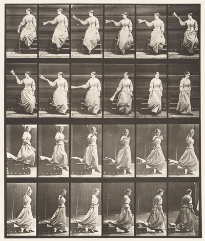 Descendre les escaliers en regardant autour et en agitant un éventail - Eadweard Muybridge