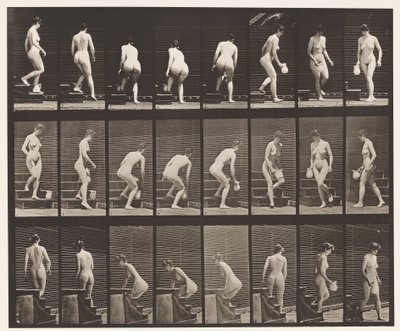 Planche 150. Descente des escaliers; Se pencher, soulever une cruche, tourner - Eadweard Muybridge