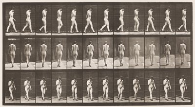 Planche 23. Marche, main droite au menton, chaussures à talons hauts - Eadweard Muybridge