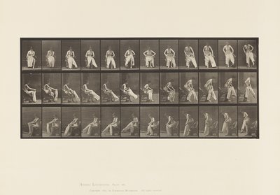 Planche 420. Toilette; se levant de la chaise et mettant des vêtements, 1885 - Eadweard Muybridge