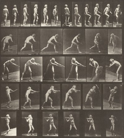 Planche numéro 521. A : Marcher. B : Monter une marche. C : Lancer le disque. D : Utiliser une pelle. E, F : Utiliser une pioche - Eadweard Muybridge