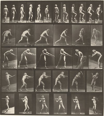 Planche numéro 521. A: Marcher. B: Monter une marche. C: Lancer un disque. D: Utiliser une pelle. E, F: Utiliser une pioche - Eadweard Muybridge