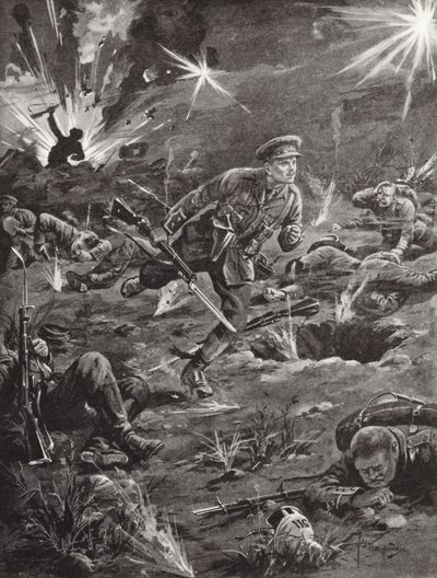 Lieutenant Benjamin Geary se précipitant, sous un feu nourri, vers une tranchée à droite de la Colline 60 pour entrer en contact avec un officier, Ypres, Belgique, avril 1915 - Edgar Alfred Holloway