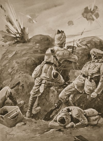 Sepoy Khudadad utilisant une mitrailleuse après que le reste de l