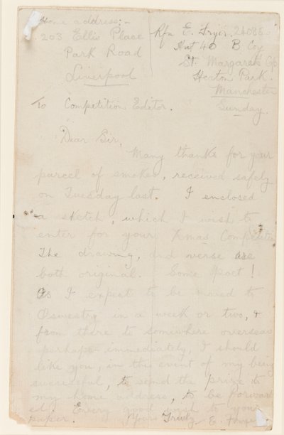 Lettre à un éditeur de concours de journal, 1914-18 - Edgar Fryer