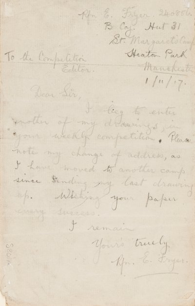 Lettre à un éditeur de concours de journal, 1er novembre 1917 - Edgar Fryer