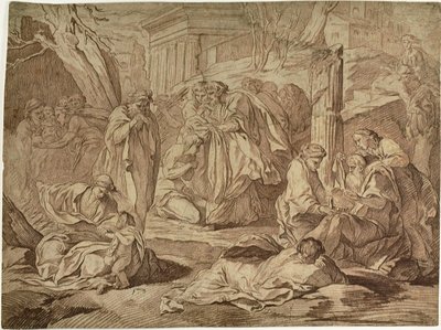 Un saint habillant les pauvres parmi les ruines d