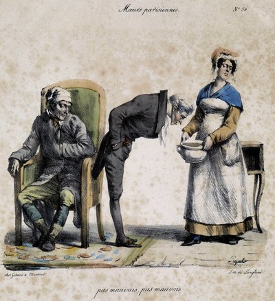 Malade, médecin regardant dans le pot et servante. Caricature des mœurs parisiennes par Pigal (19e siècle), conservée au Musée Dobrée à Nantes. - Edme Jean (after) Pigal