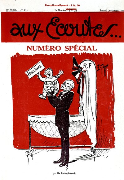 Première page du journal français Aux Écoutes avec un bébé représentant le budget de 1929 qui va être dans le berceau (République française) - Edmond (1861 1943) Tapissier