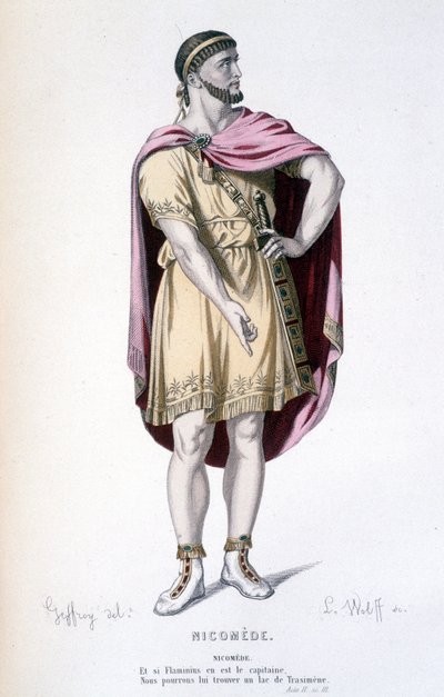 Personnage de Nicomède dans la tragédie Nicomède - Théâtre complet : (Collection de pièces de Corneille) dessin de Geffroy, gravure de L. Wolff - éd. Laplace, Sanchez et Cie, Paris 1884 - Edmond Aime Florentin Geffroy