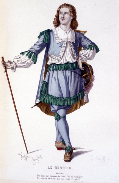 Le personnage de Dorante dans la comédie Le Menteur - Théâtre complet : (Collection de pièces de Corneille) dessin de Geffroy, gravure de L. Wolff - éd. Laplace, Sanchez et Cie, Paris 1884 - Edmond Aime Florentin Geffroy