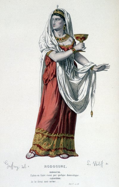 Le personnage de Cléopâtre dans la tragédie Rodogune princesse des Parthes - Théâtre complet: (Collection des pièces de Corneille) dessin de Geffroy, gravure de L. Wolff - éd. Laplace, Sanchez et Cie, Paris 1884 - Edmond Aime Florentin Geffroy