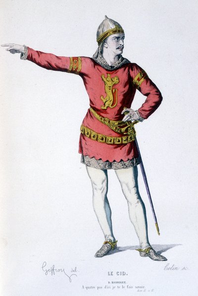 Le personnage de Don Rodrigue dans la tragi-comédie Le Cid - Théâtre complet : (Collection de pièces de Corneille) dessin de Geffroy, gravure de Colin - éd. Laplace, Sanchez et Cie, Paris 1884 - Edmond Aime Florentin Geffroy