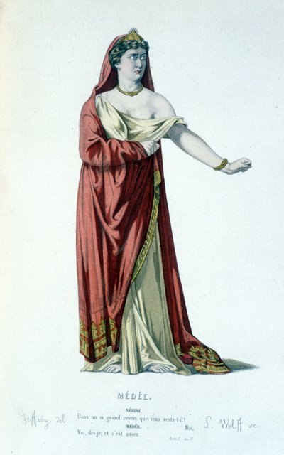 Personnage de Médée dans la tragédie Médée - Théâtre complet : (Collection de pièces de Corneille) dessin de Geffroy, gravure de L. Wolff - éd. Laplace, Sanchez et Cie, Paris 1884 - Edmond Aime Florentin Geffroy