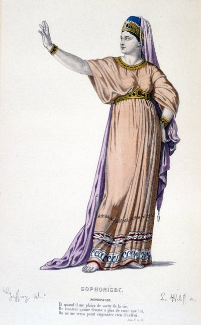 Le personnage de Sophonisbe dans la tragédie Sophonisbe - Théâtre complet : (Collection de pièces de Corneille) dessin de Geffroy, gravure de L. Wolff - éd. Laplace, Sanchez et Cie, Paris 1884 - Edmond Aime Florentin Geffroy