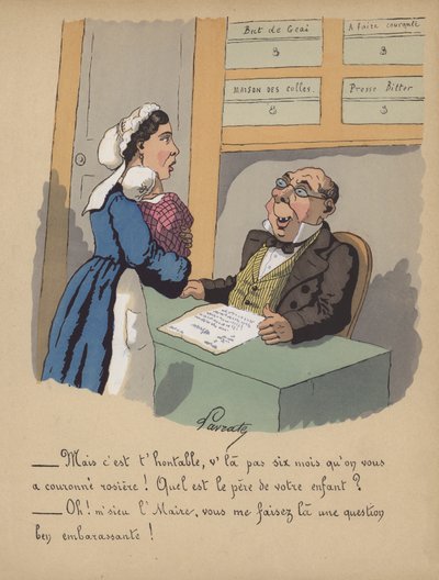 Une mère enregistrant son bébé à la mairie (lithographie en couleur) - Edmond Lavrate