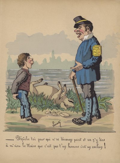 Garde-chasse et garçon avec un cochon mort (lithographie en couleur) - Edmond Lavrate