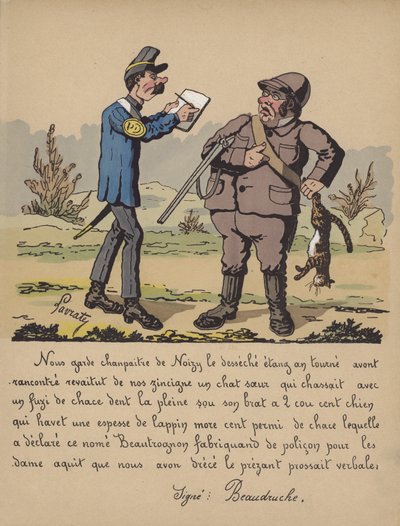 Garde-chasse avec un chasseur qui a tiré sur un chat (lithographie en couleur) - Edmond Lavrate