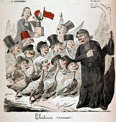 Électeurs ruraux : électeurs représentés comme des oies et attirés par un prêtre avec de l