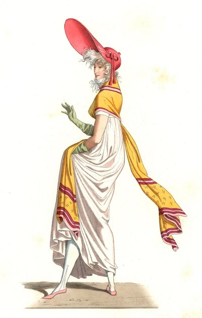 Jeune femme française habillée à la mode des Merveilleuses du XVIIIe siècle, d