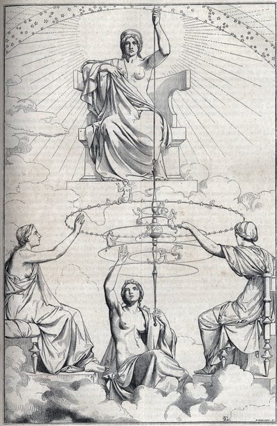 Allégorie de « La quenouille de la Nécessité » de Platon. Assise sur son trône, la déesse de la Nécessité fait tourner une quenouille. Sur chacun de ces cercles se trouve une sirène. Autour de la quenouille, les Parques, filles de la Nécessité, symbolisant - Edmond Lechevallier Chevignard