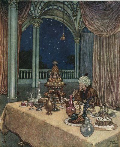 La Belle et la Bête : Le père de Belle arrive au château et découvre une table remplie de victuailles, vers 1910 - Edmund Dulac