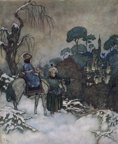 La Belle et la Bête : la Belle, ayant accepté de prendre la place de son père prisonnier de la Bête pour le libérer, se dirige vers le château, vers 1910 - Edmund Dulac