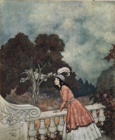 Barbe bleue : La jeune épouse de Barbe bleue, Fatima, demande à sa sœur Anne si elle voit ses frères depuis la tour, vers 1910 (lithographie) - Edmund Dulac