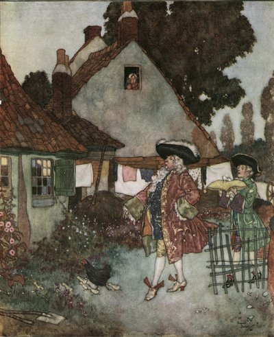 Cendrillon : le ministre cherche dans tous les cottages et maisons du royaume la fille qui a perdu sa pantoufle de vair vers 1910 - Edmund Dulac