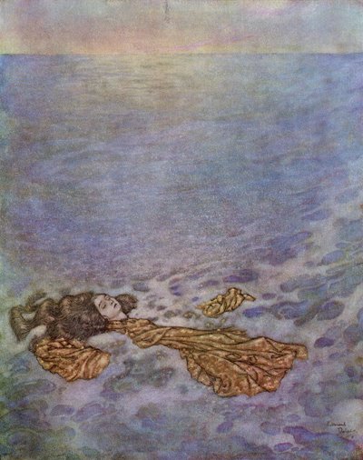 Encore une fois, elle regarda le prince, avec ses yeux déjà voilés par la mort, puis se jeta par-dessus bord et tomba, son corps se dissolvant en écume, illustration de 