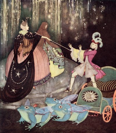 "Le prince prit une voiture tirée par trois grandes grenouilles avec de grandes ailes. Truitonne sortit mystérieusement par une petite porte", illustration du conte de fées français L