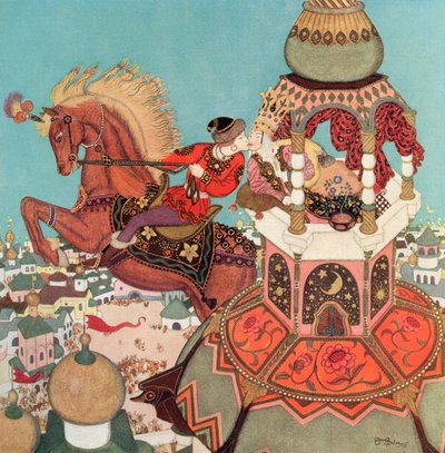"Le cheval alezan semblait flotter dans les airs au sommet de son saut pendant que ce baiser durait", illustration du conte russe Ivan et le Cheval Alezan, tirée du 