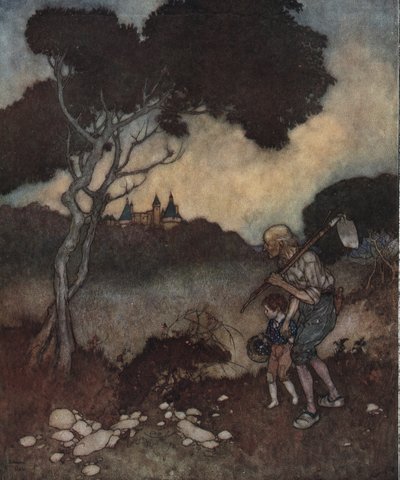 La belle au bois dormant : les tours du château de la princesse apparaissent au-dessus des arbres. - Edmund Dulac