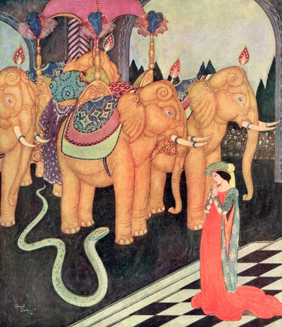 "Quand Grannmia vit son étrange amant, elle resta seule calme et courageuse", illustration du conte italien Le Prince Serpent, tirée du Livre de contes de fées d